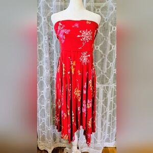 Express Red Floral Strapless Midi Dress Size L